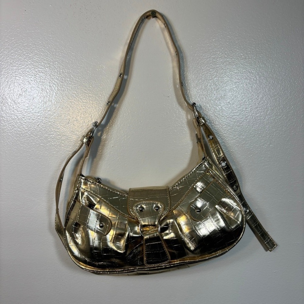 Vintage Shoulder Bag Women Sz S Gold Metallic Croc Embossed Y2K Aesthetic